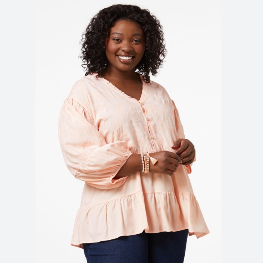 Cato Embroidered Tiered Peach Blouse